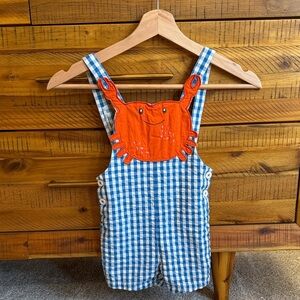 Baby Boden Blue and White Checkered Kids Overalls with Orange Crab Design